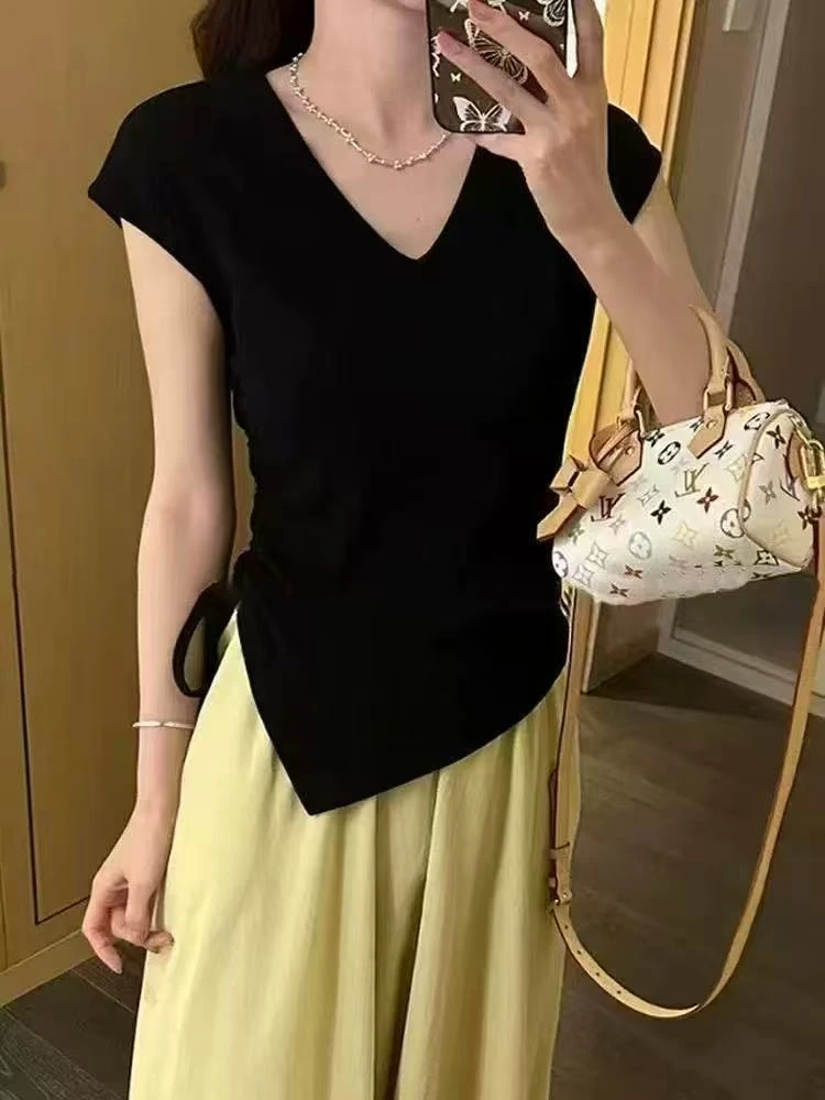 【原创正品】2025夏季V领棉质开衩抽绳飞袖上衣T恤X30