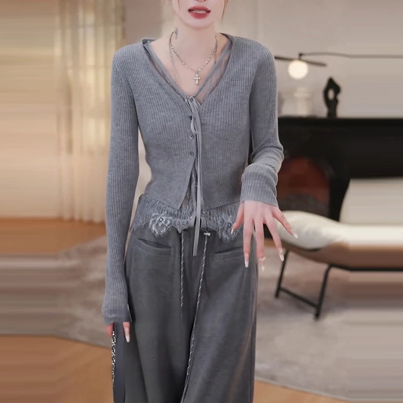 早秋新款针织开衫女士高级感v领单排扣毛衣开衫修身显瘦气质上衣