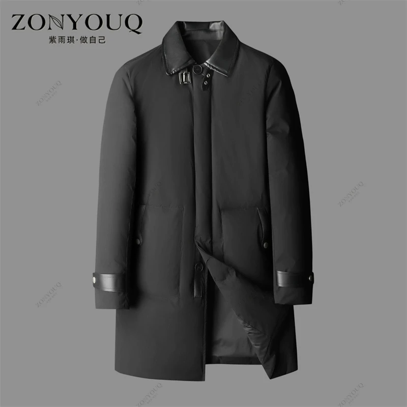 羽绒服男士2025冬季中长款保暖拼皮翻领加厚时尚潮流休闲商务外套