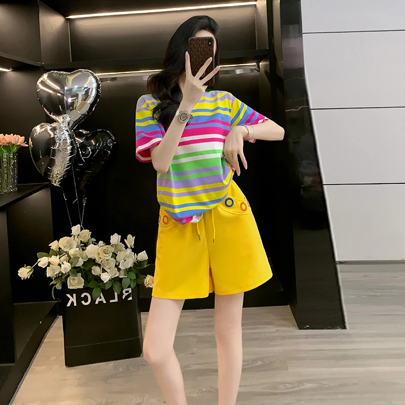 通勤法式条纹宽松短袖短裤运动风休闲风休闲夏季洋气时尚运动套装