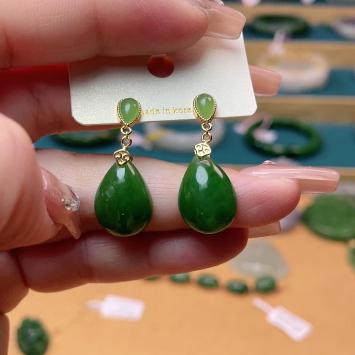 和田玉耳钉银S925镶嵌