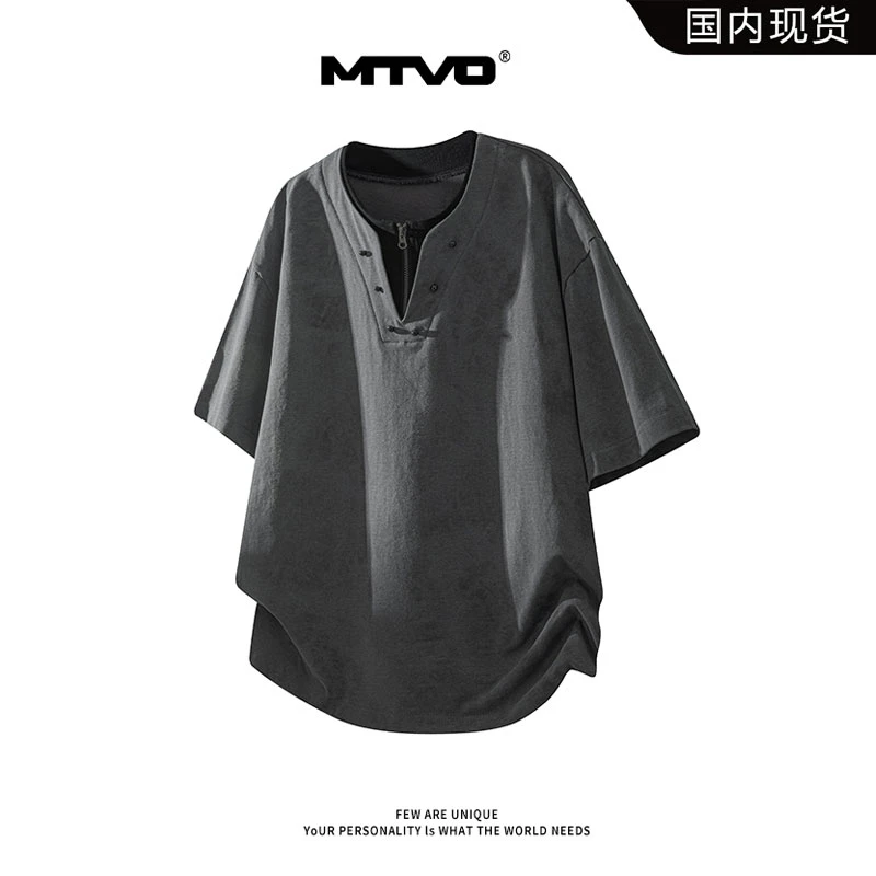 新款2025夏季爆款亨利领扎染脏脏假两件短袖T恤高级感男装半拉链