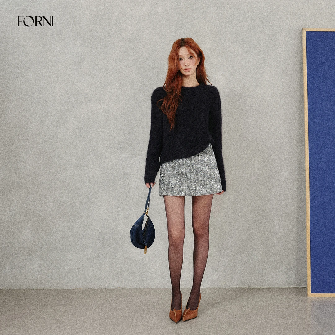 FORNI 闪光灯 爆闪银色彩带生日会包臀半身裙