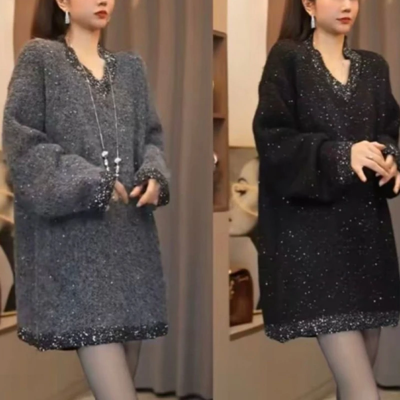 冬季新款时尚百搭显瘦亮晶晶款V领圆领毛衣889