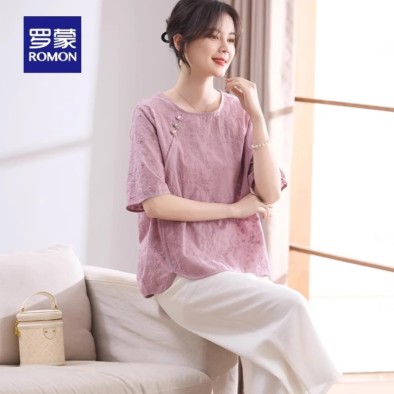 罗蒙妈妈夏装国风纯棉t恤2025新款洋气中老年女装小衫短袖上衣服