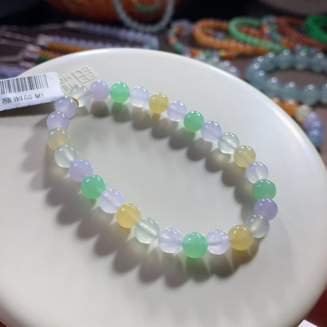 翡翠未镶嵌手链冰种甜美清爽马卡龙多宝手串 卡6.5