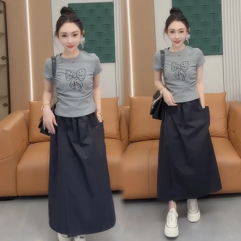 2025春夏季新款时尚显瘦气质网红高档女宽松大码短袖长裤裙两件套