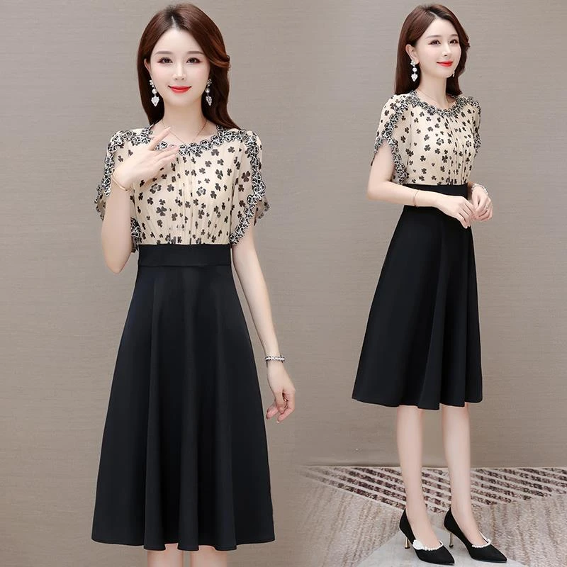 时尚假两件印花拼接连衣裙2025夏季新款温柔风减龄遮肚显瘦a字裙