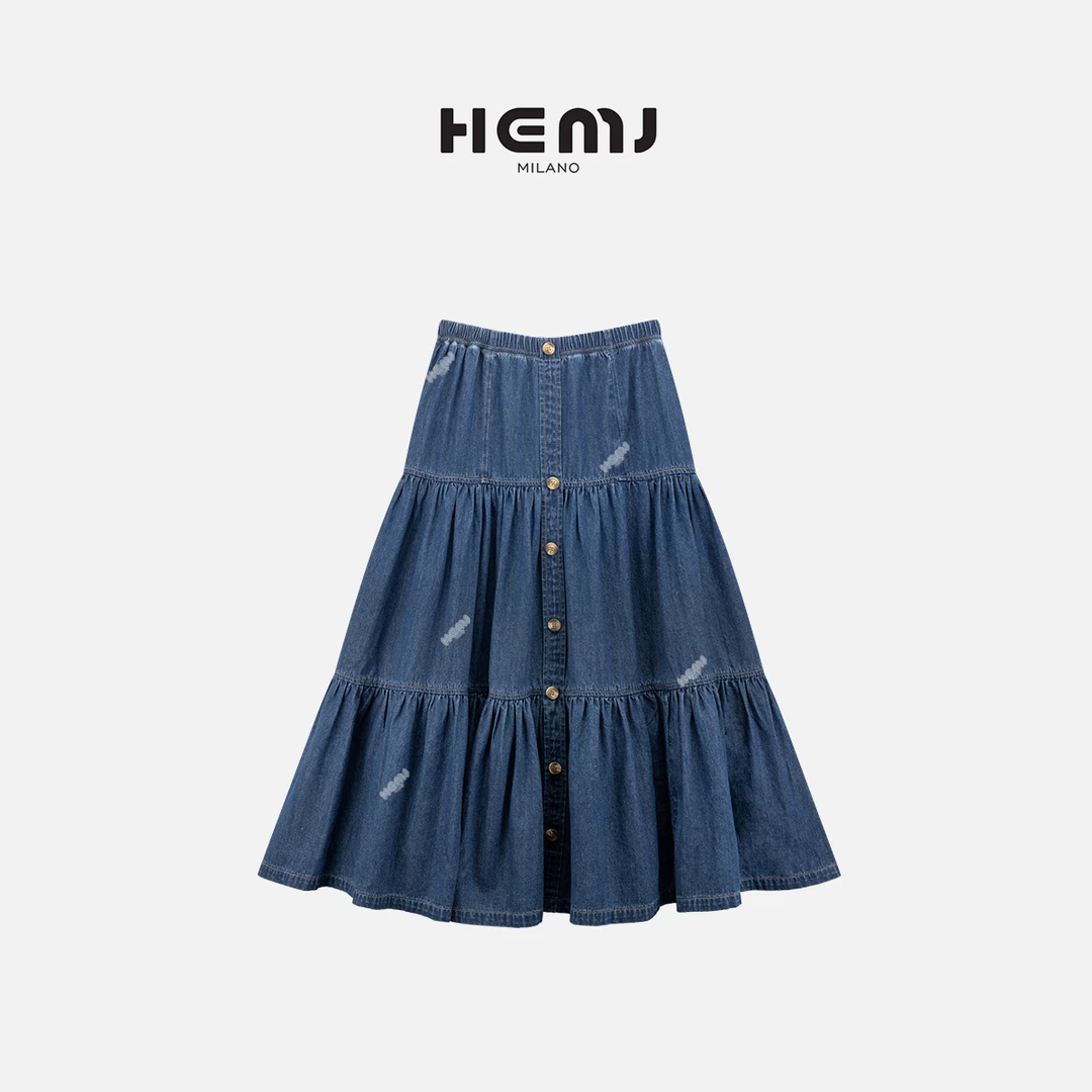 HEMJ  和梦洁“蓝调”时尚设计感松紧腰单排扣A字中长裙 CM2B0327