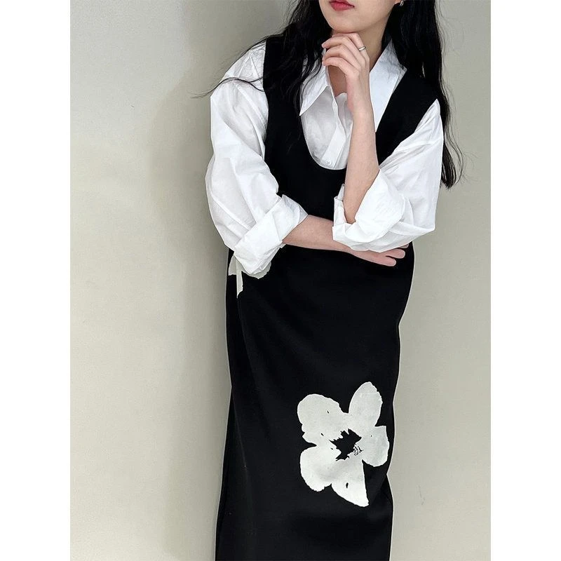 鹿西 法式小众U领植绒印花无袖连衣裙女气质宽松休闲背心裙3536