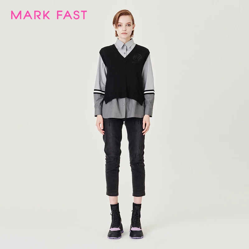 MARKFAST设计师品牌V领绣花搭带针织套头背心女秋M1CGW07680