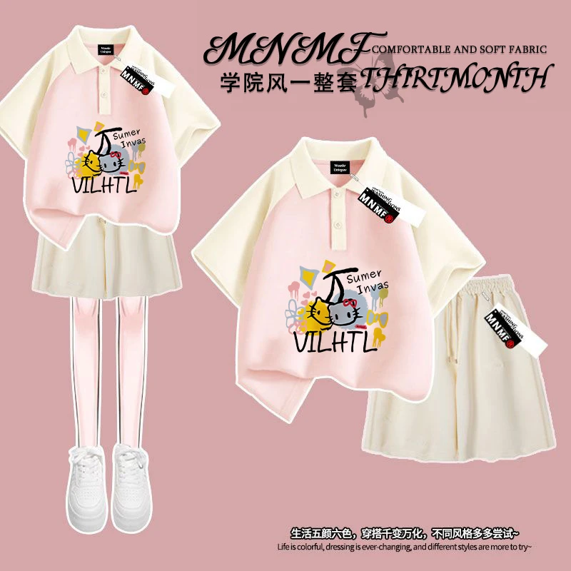 夏季盐系风女童polo短袖T恤短裤套装卡通可爱猫百搭中大童两件套