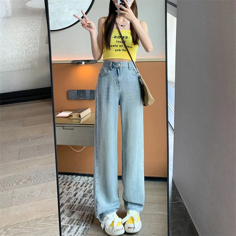 莱赛尔天丝阔腿牛仔裤女2025春季薄款高腰显瘦垂感窄版直筒拖地裤