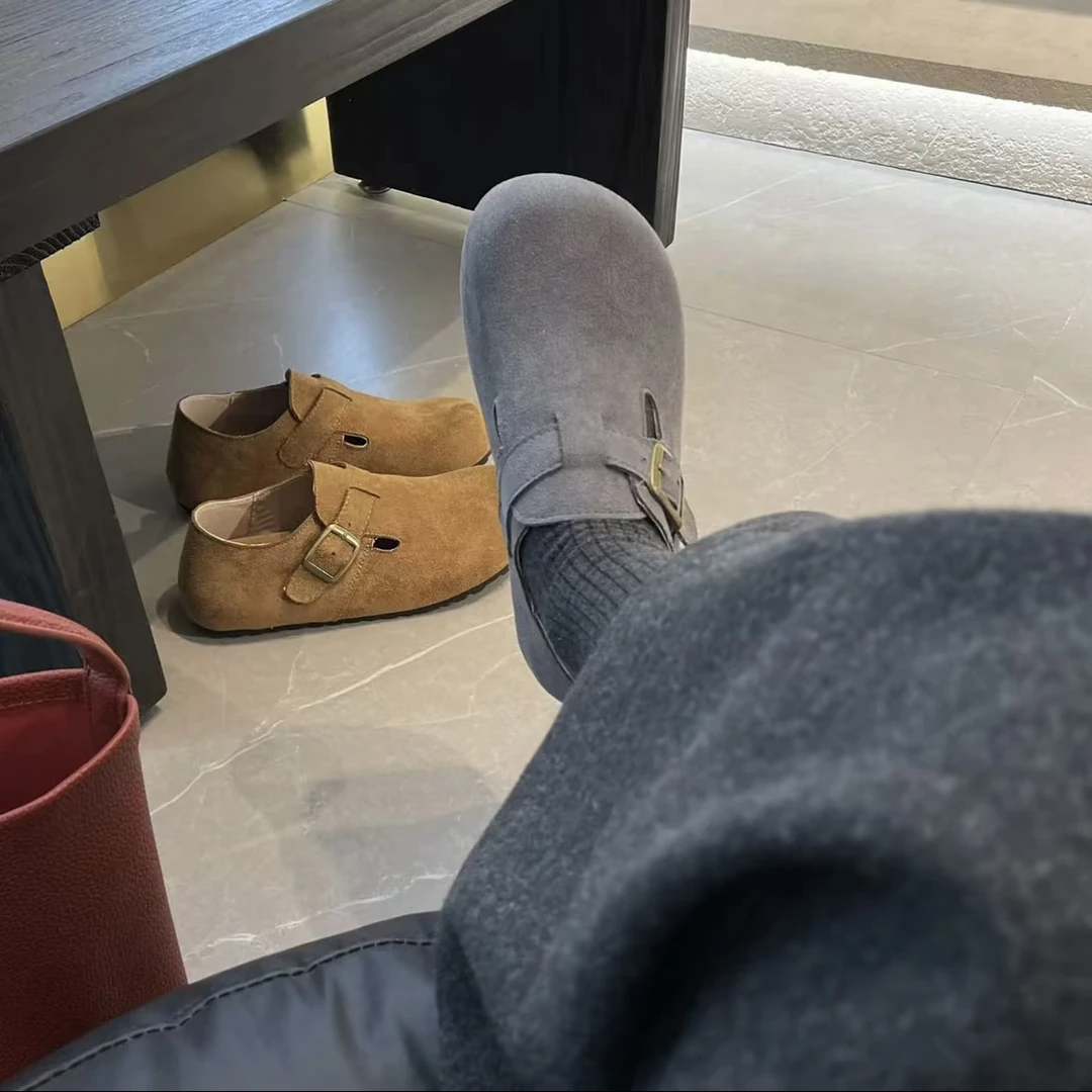 牛皮版真皮勃肯鞋女平底懒人一脚蹬软底博肯乐福鞋豆豆鞋