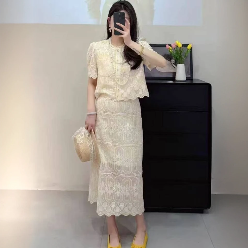 2025夏季新款时尚圆领短袖上衣中长半身裙蕾丝小香套装裙子两件套