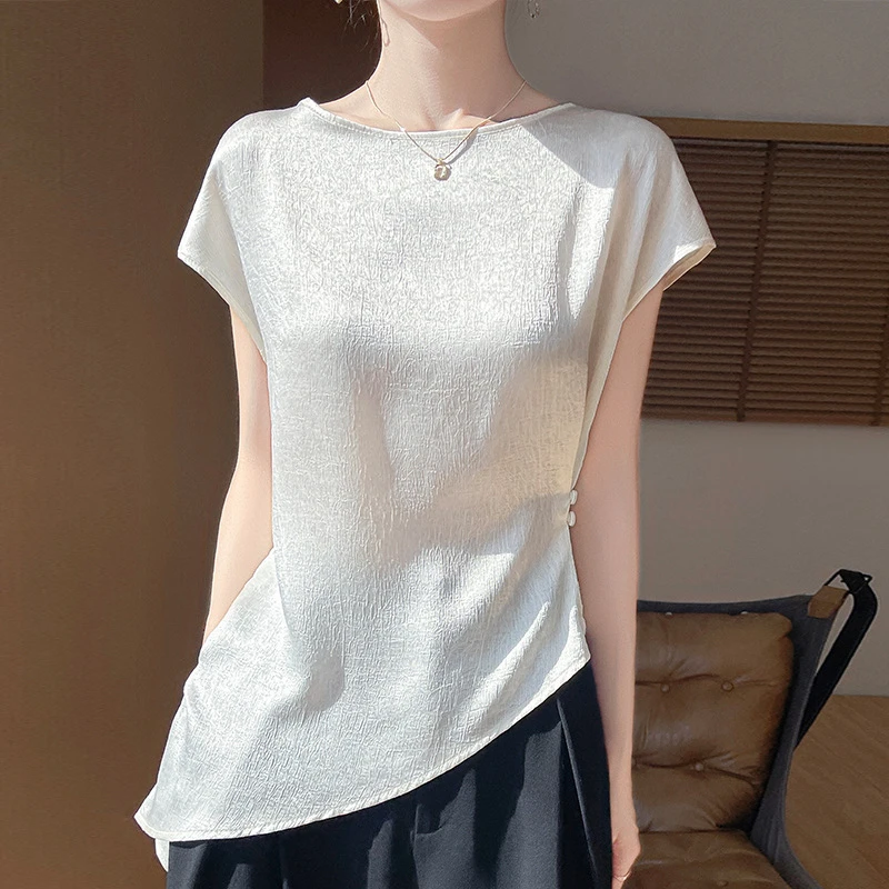 绫罗绸缎！2025夏季新款醋酸女装圆领气质套头短袖百搭T恤背心女
