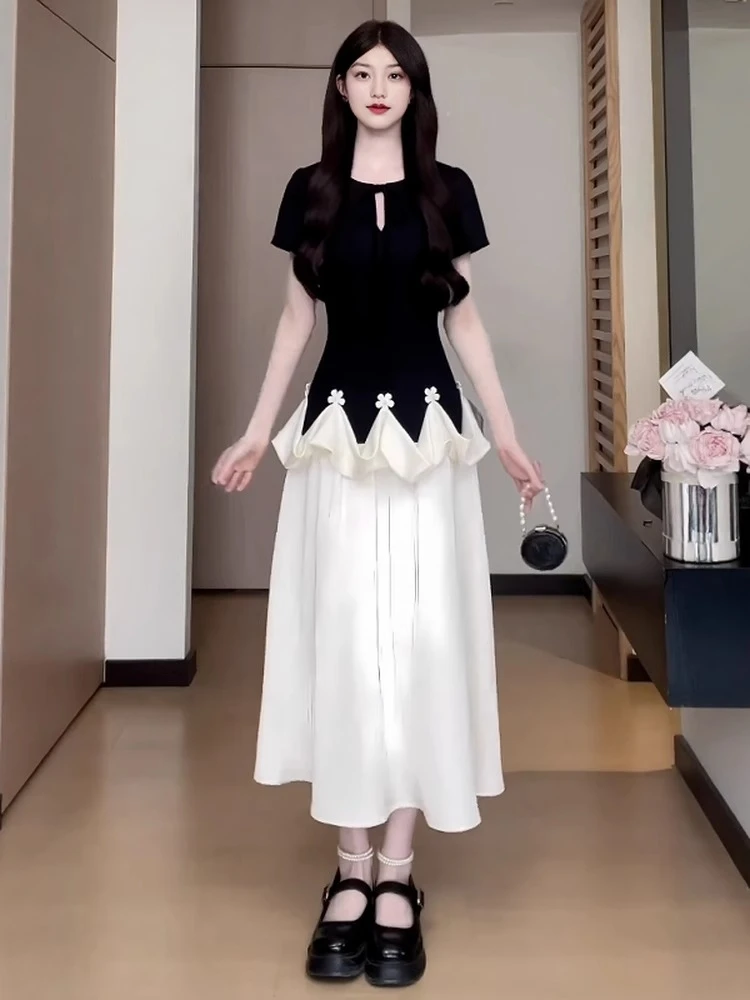 大码纯欲小黑裙收腰A字裙短袖连衣裙女夏季胖mm梨形身材显瘦裙子