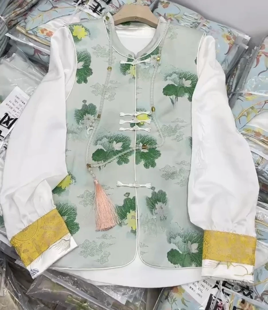 （宁家)新中式大码沉稳大气幽雅绿色荷叶马甲