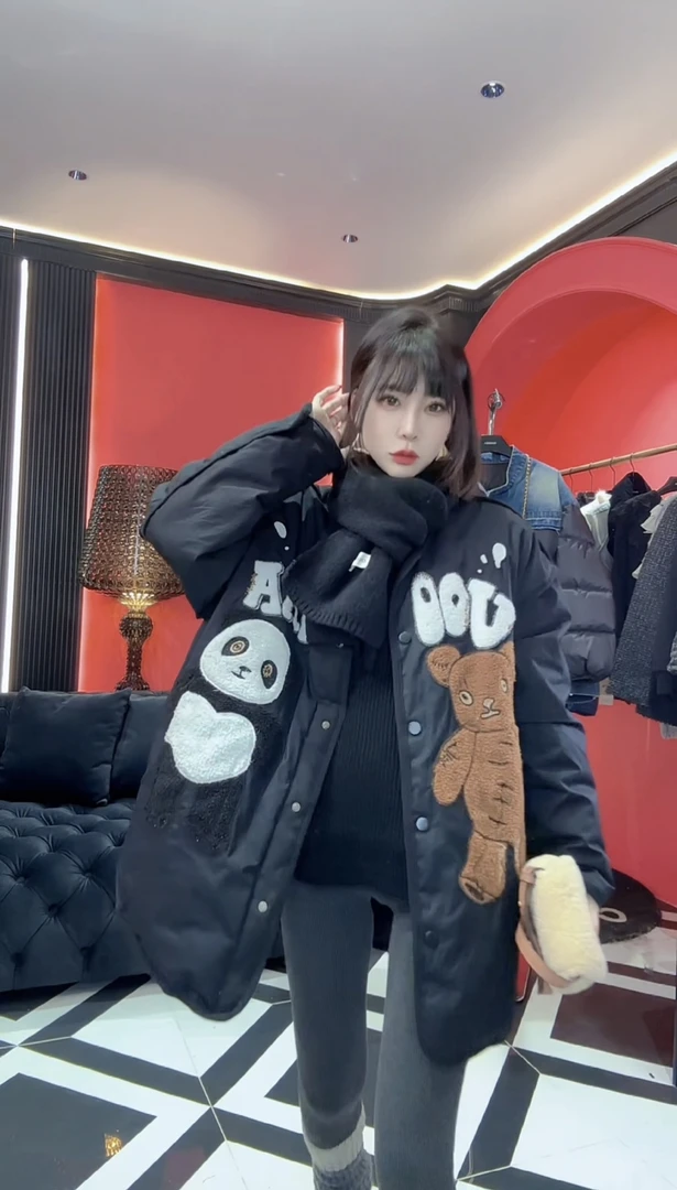 冬季新款复古水宽松熊熊玩偶经典复古手绣熊猫棉服外套9881