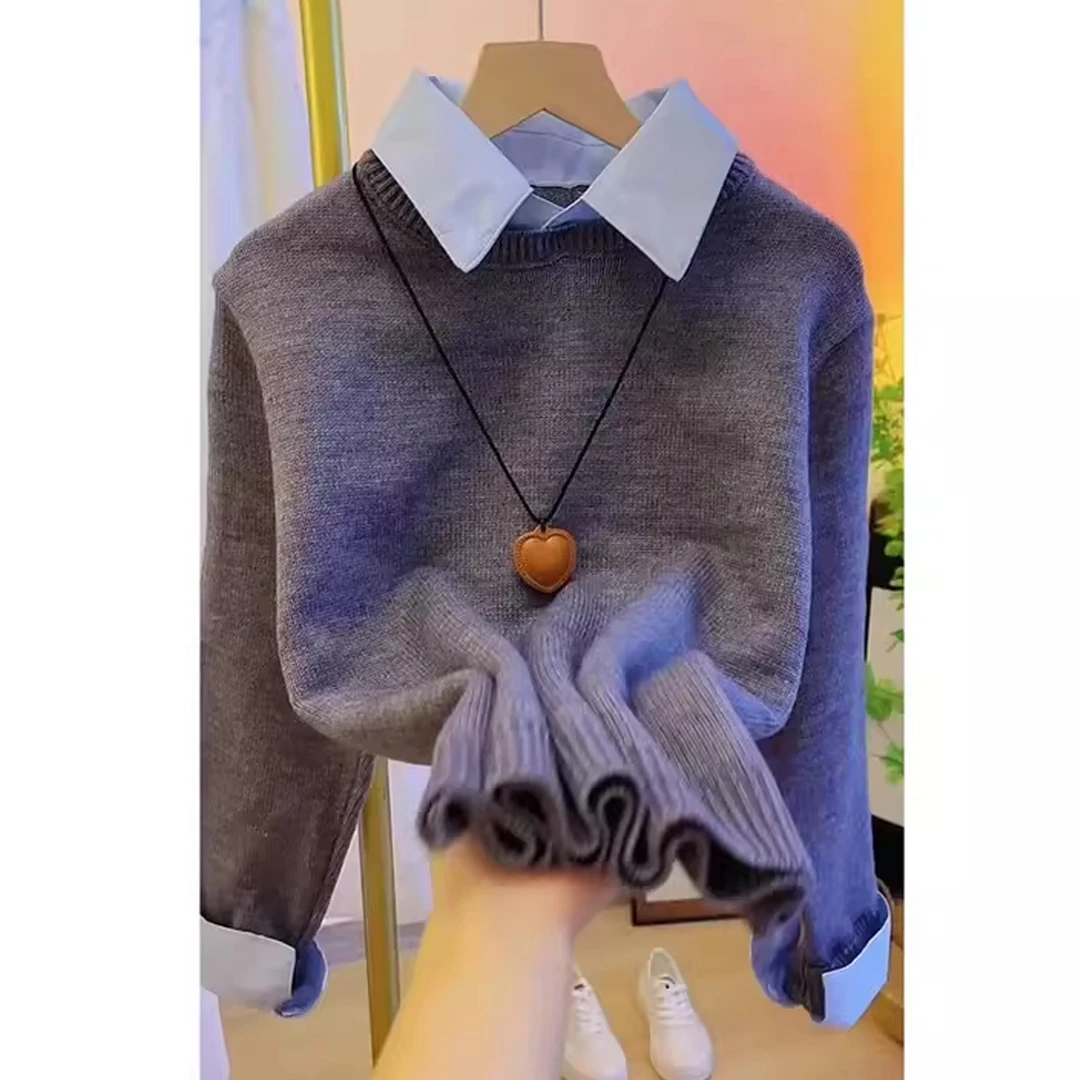 复古灰色polo领假两件毛衣女2025秋冬新款减龄打底内搭翻领针织衫