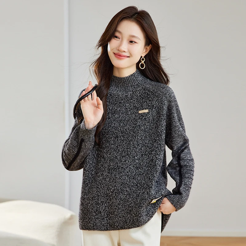 大码半高领打底衫女花纱黑色气质百搭套头毛衣加厚针织衫花纱上衣