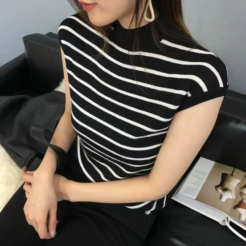 刚需百搭条纹背心撞色针织背心柔软亲肤打底无袖上衣10088