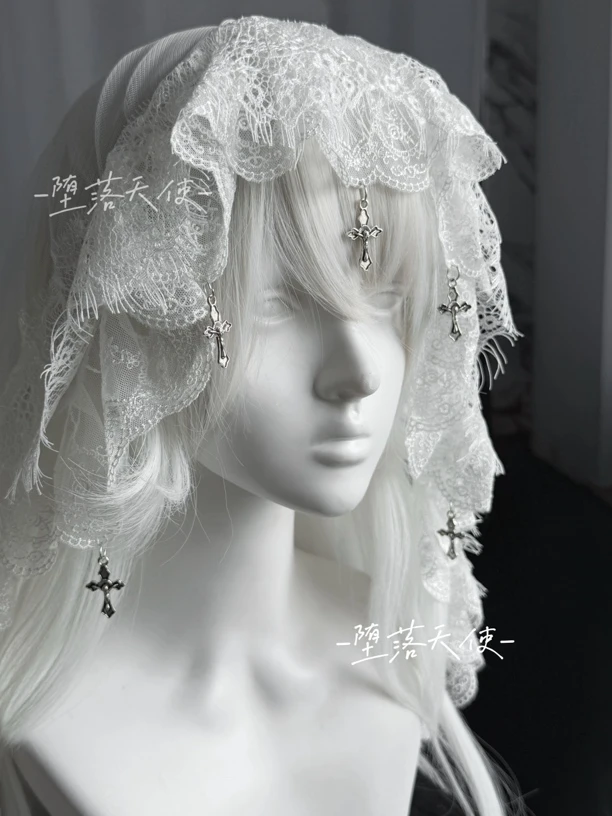 堕落天使|原创lolita蕾丝吊坠哥特黑白拍摄道具小众十字架头纱