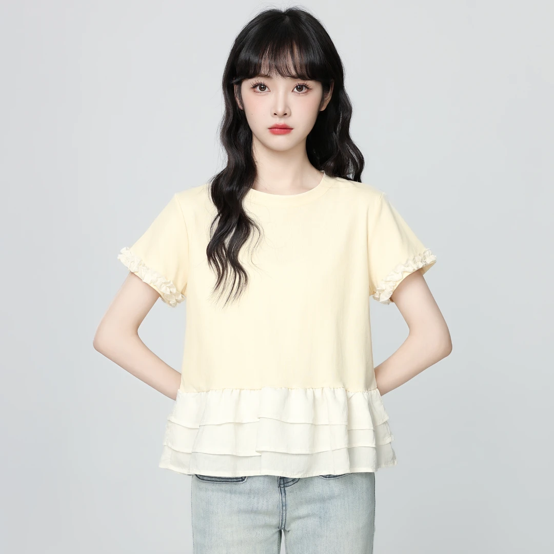 奶黄色圆领短袖T恤女夏2025夏季新款设计感荷叶边拼接体恤短上衣