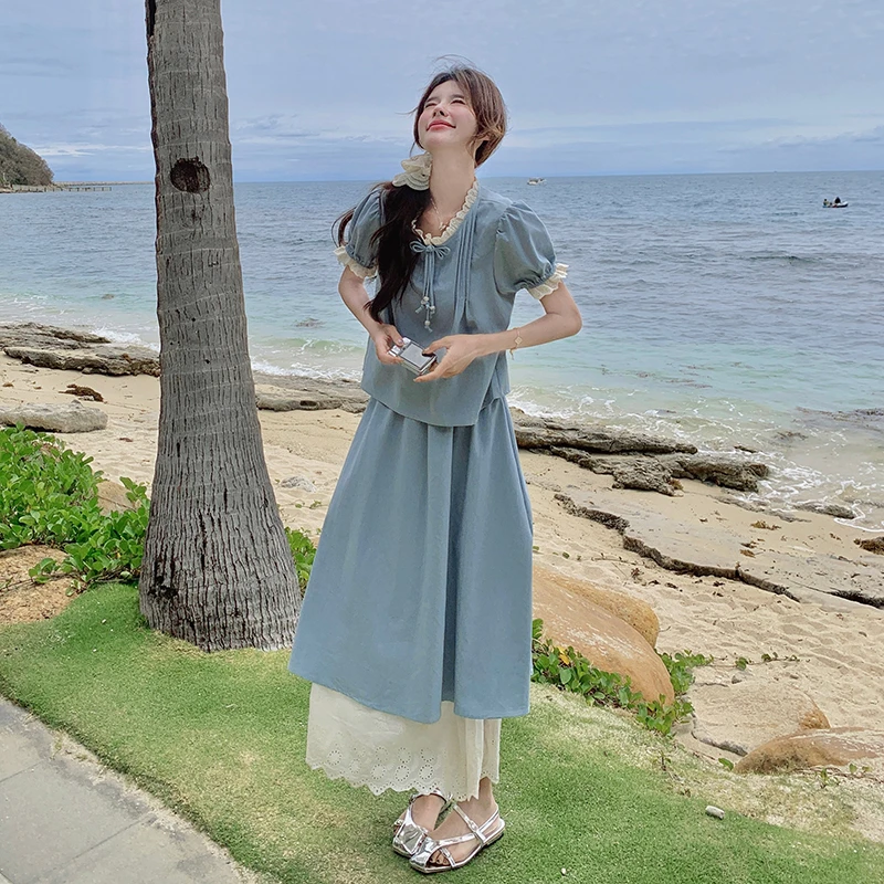 一整套ootd穿搭减龄爆款高级感国风新中式蓝色上衣半身裙两件套夏