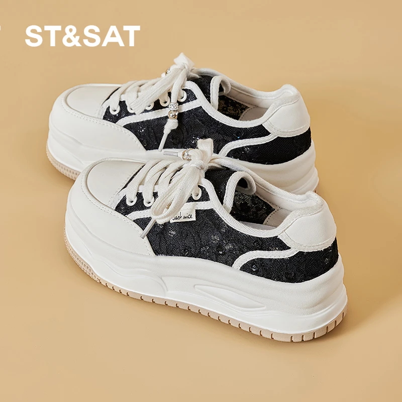 星期六透气蕾丝网面板鞋女夏季新款小众低帮鞋厚底百搭小白鞋女款