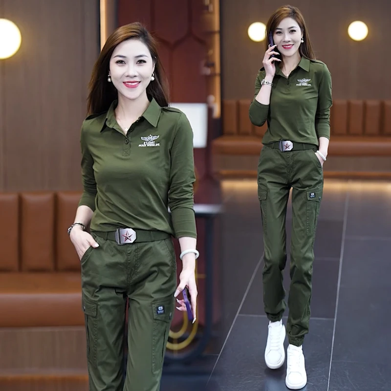 军绿休闲运动套装韩版户外大码春秋季时尚翻领休闲迷彩军绿色
