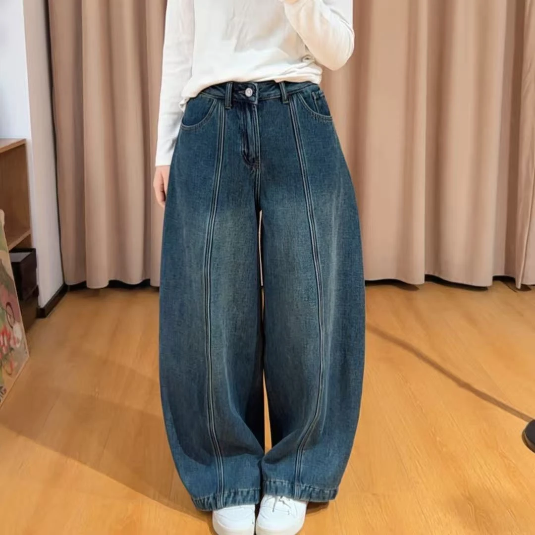 13658余小鱼【竖线牛仔】深蓝色裤腿高腰水洗韩版加绒牛仔裤女装