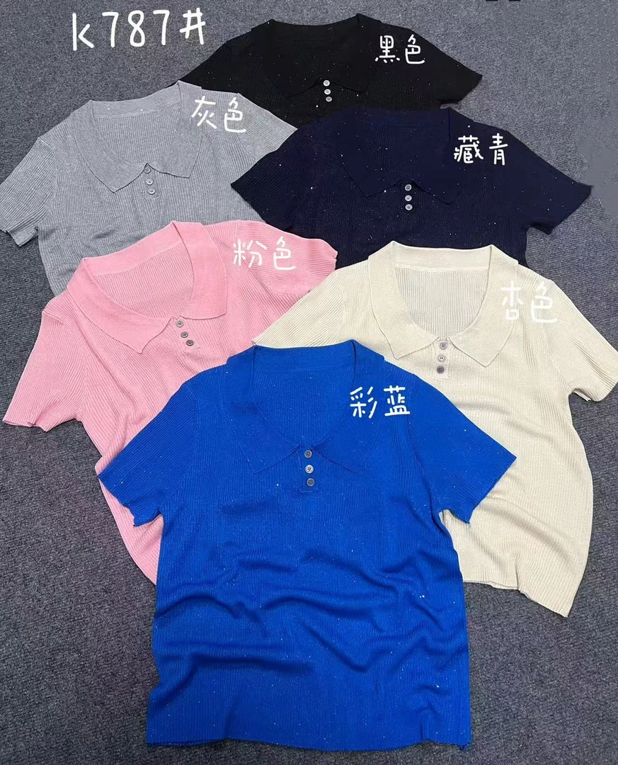 【蜜爷家】亮片扣子polo领短袖上衣K787#