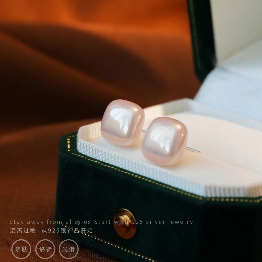 丽沁 925银耳饰 温柔裸杏色方糖银耳钉气质淑女减龄免摘百搭耳环