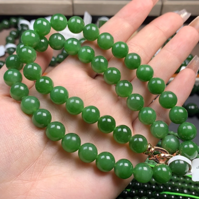 【闪购商品】和田玉（碧玉）颈饰未镶嵌10mm高货辣阳绿色项链无黑点