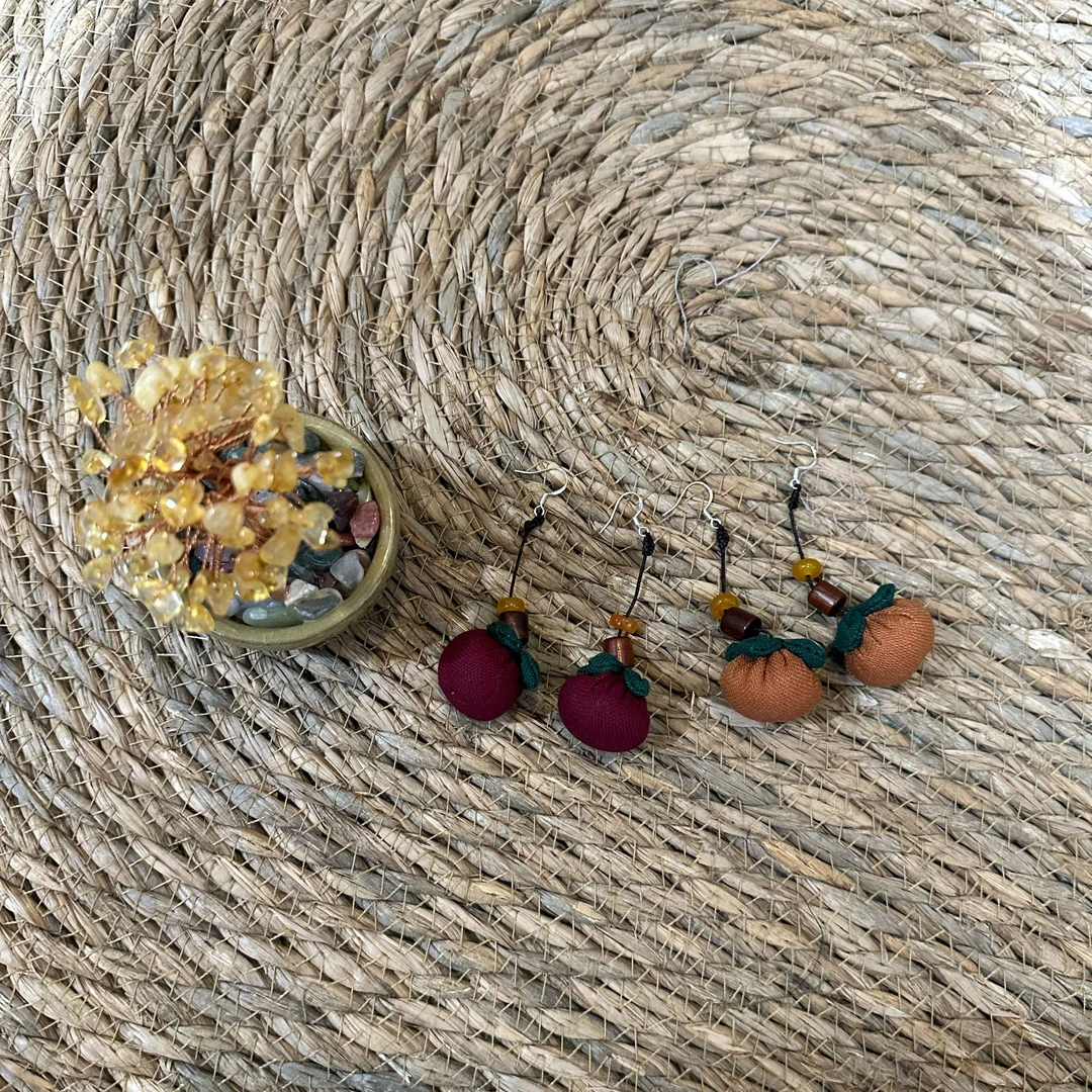 非金属布艺耳饰 大鲸家-柿柿如意纯手工百搭气质吊坠长款耳坠