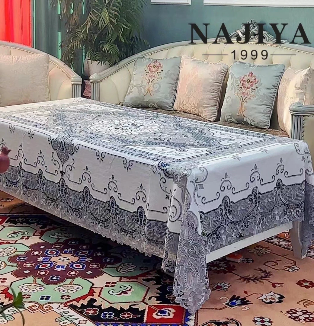NAJIYA-31灰色欧式亚麻镂空刺绣桌布长方形茶几餐桌钢琴盖巾布艺