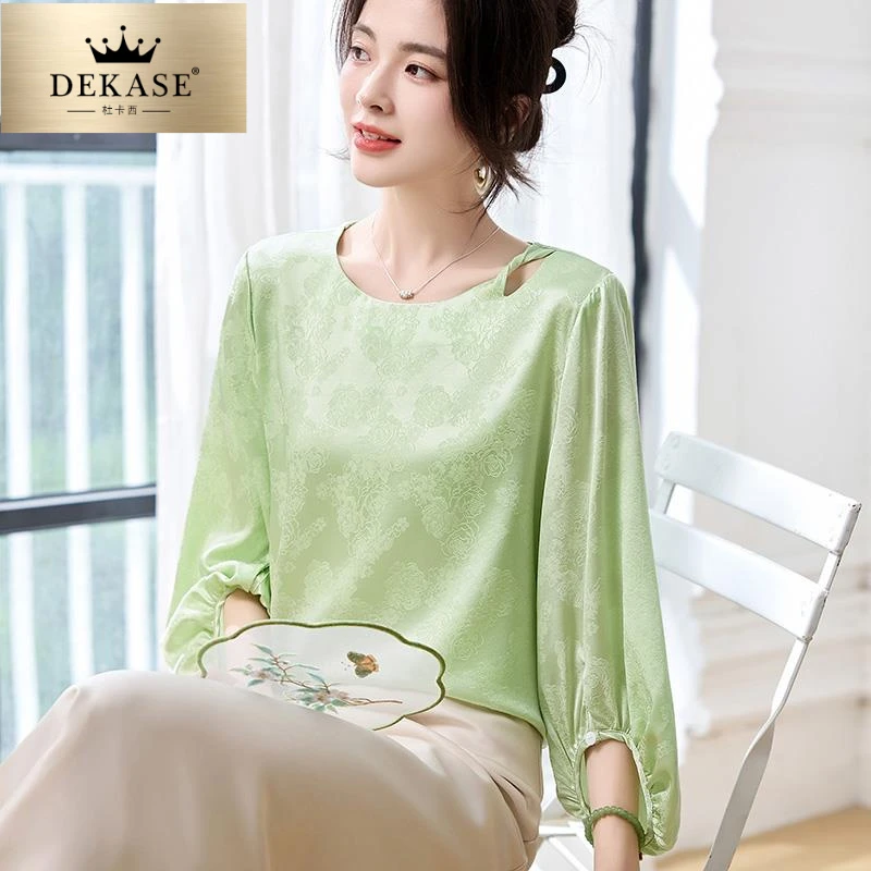 杜卡西提花桑波缎真丝上衣女七分袖2025夏装桑蚕丝中袖圆领衬衫