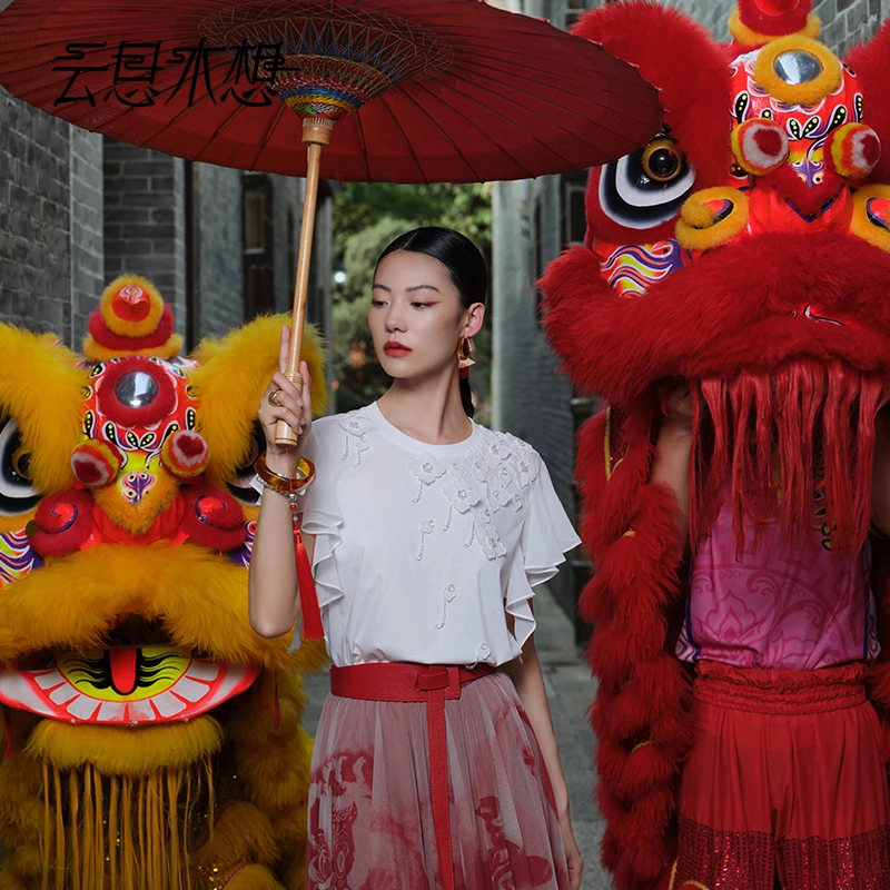 Ysimo-X云思木想 繁花仙子 手工钉珠绣花雪纺荷叶袖100棉T恤12986