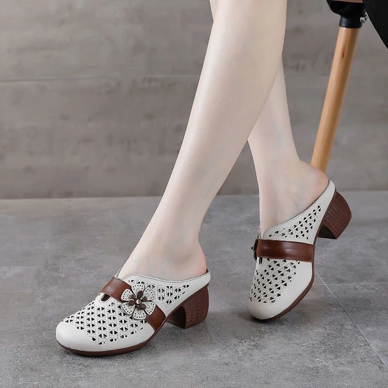 2025夏季新款真软皮包头拖鞋新款妈妈凉鞋镂空民族风粗跟半拖女鞋