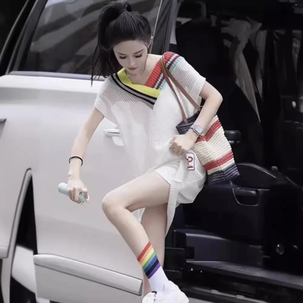 网红拼色无袖冰丝针织衫女薄款夏季百搭宽松中长款洋气镂空上衣潮