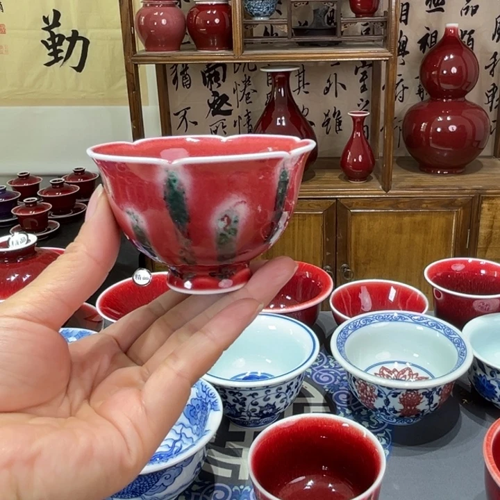 景德镇陶瓷浅行豇豆红美人鱼花口杯