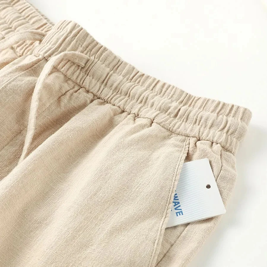 无弹休闲透气亚麻天然长裤口袋款松紧通勤裤子现!棉麻直筒慵懒感