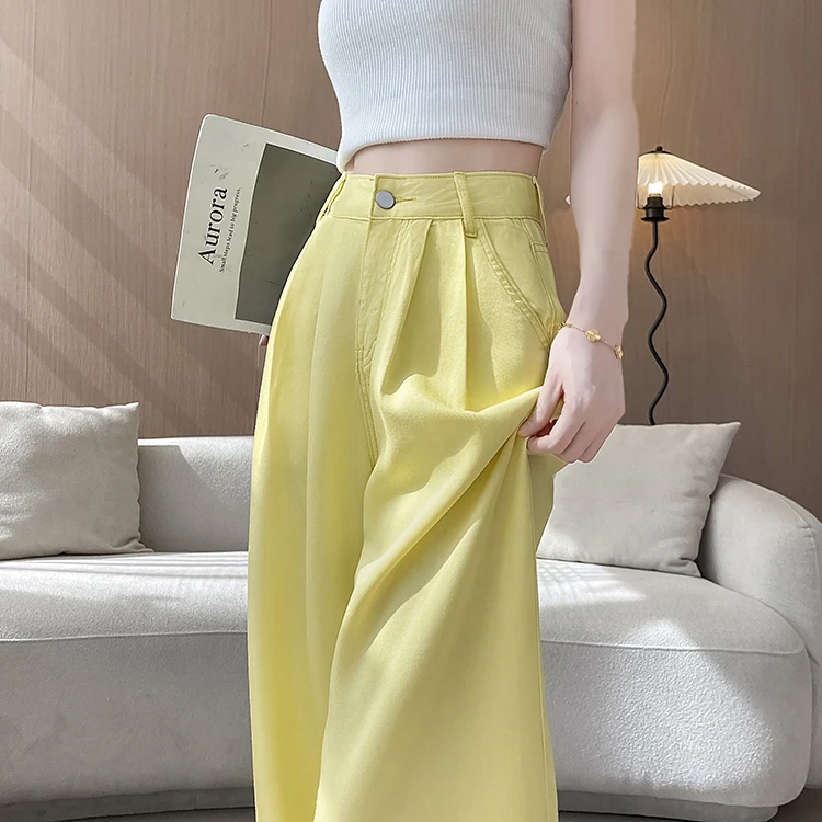 梦冷柠檬黄天丝阔腿牛仔裤女2025夏季超薄多巴胺莱赛尔冰丝拖地裤