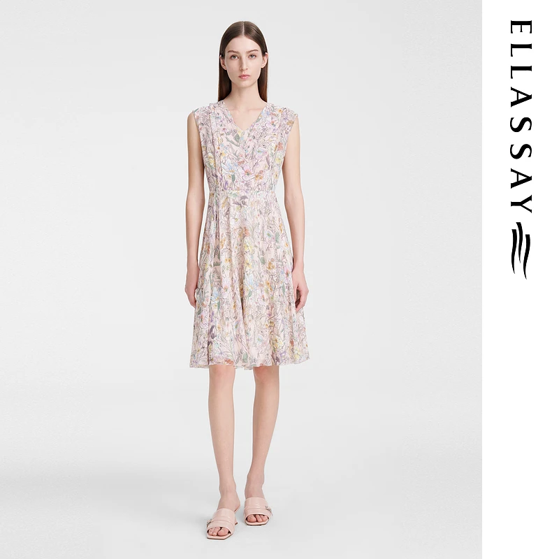 ELLASSAY歌力思夏季桑蚕丝V领修身气质连衣裙女EWE351Y14