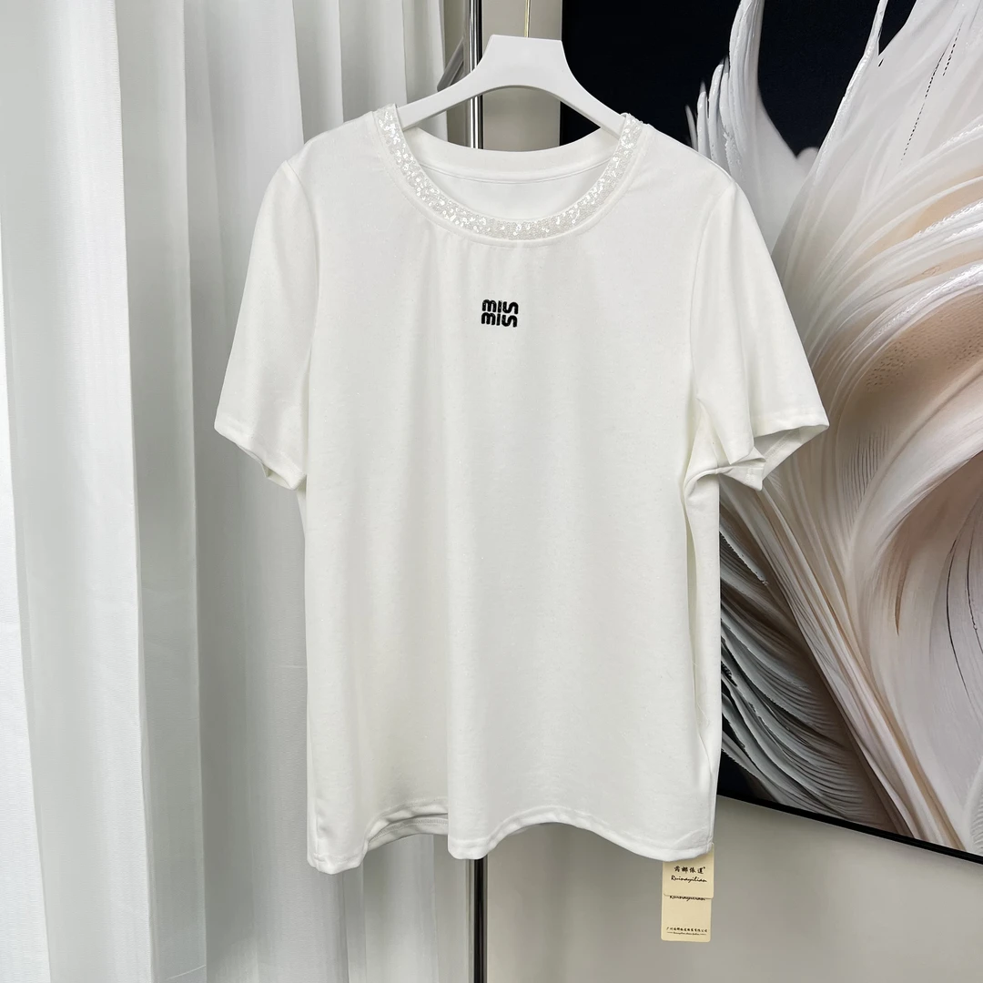 【芮娜依莲】夏季重工亮片领口钉珠短袖-5958