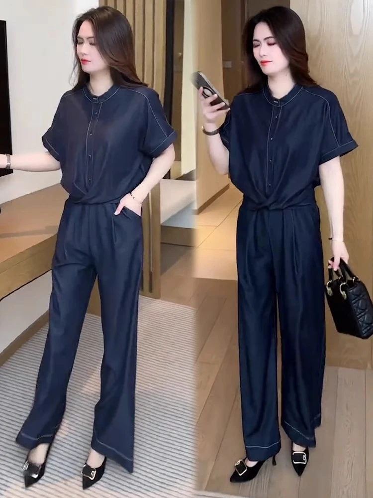 时尚套装女2025夏新款时髦洋气设计感遮肚子显瘦短袖阔腿裤两件套