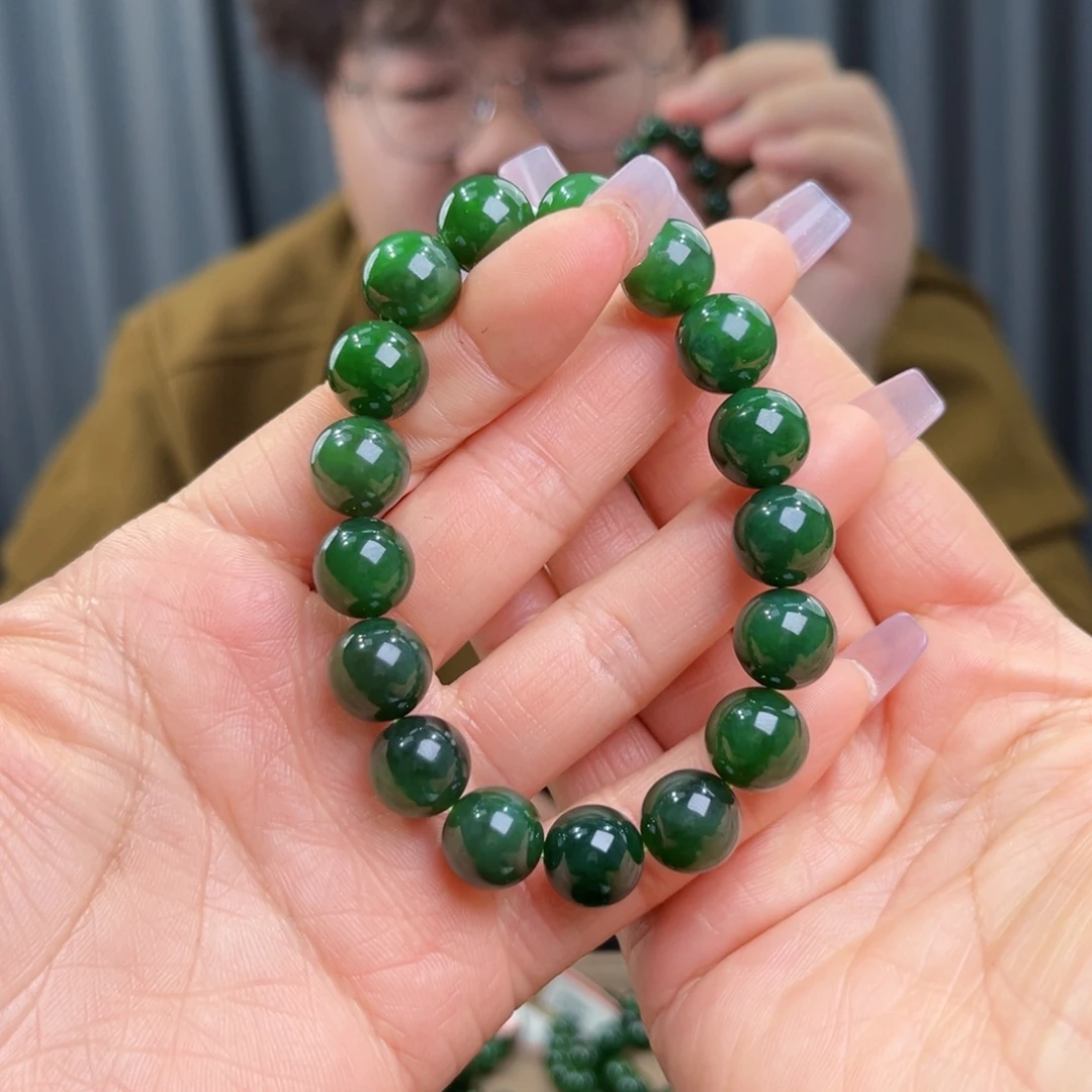 和田玉未镶嵌手串天然和田玉俄碧菠菜绿料12