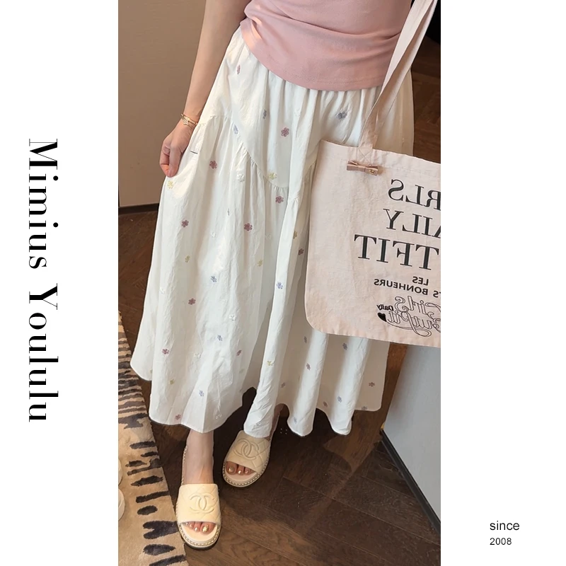 【mimius】&婷婷 韩系甜美刺绣小花高腰半身裙 G03274