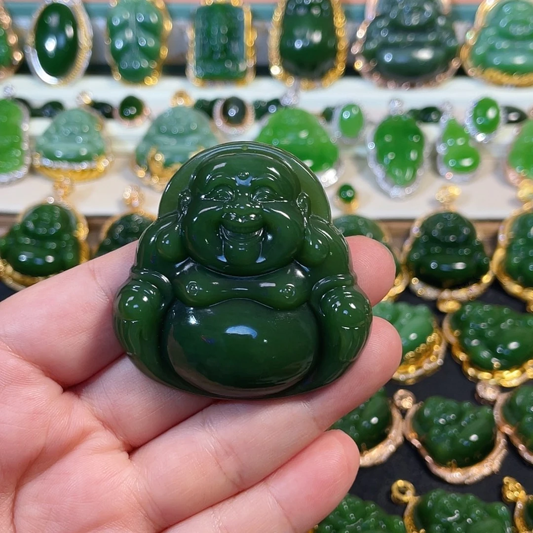 和田玉（碧玉）未镶嵌颈饰辣绿佛公50mm